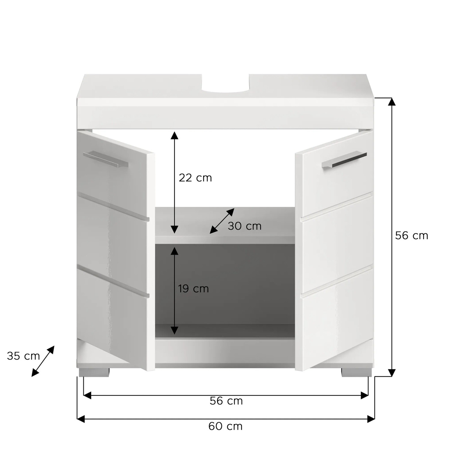Waschbeckenunterschrank, 60x56x34 cm, weiße Hochglanzfront, mit offenen Türen und Maßen.