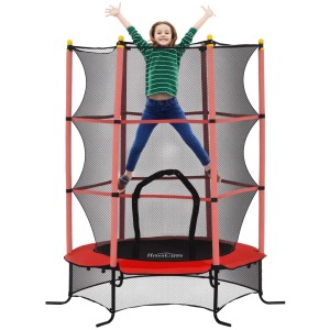 Rotes HOMCOM Kinder Trampolin mit Netz, Mädchen springt mit erhobenen Armen. Sicher und spaßig.