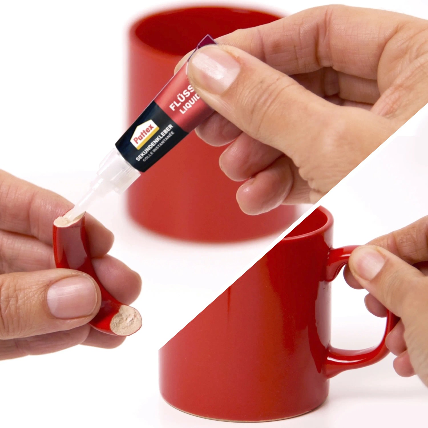 Anwendung von Pattex Sekundenkleber Flüssig zum Kleben einer roten Tasse.