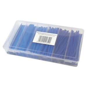 Blanko Schrumpfschlauch Set, 100 blaue Schrumpfschläuche in Sortierbox mit verschiedenen Durchmessern.