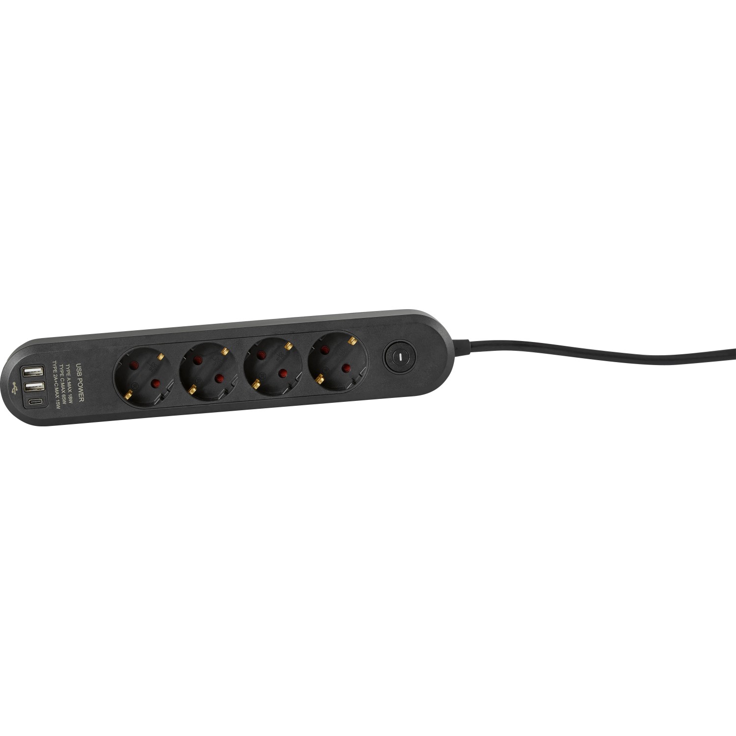 Schwarze 4-fach Steckdosenleiste mit USB-Anschlüssen und Ein-Aus-Schalter.