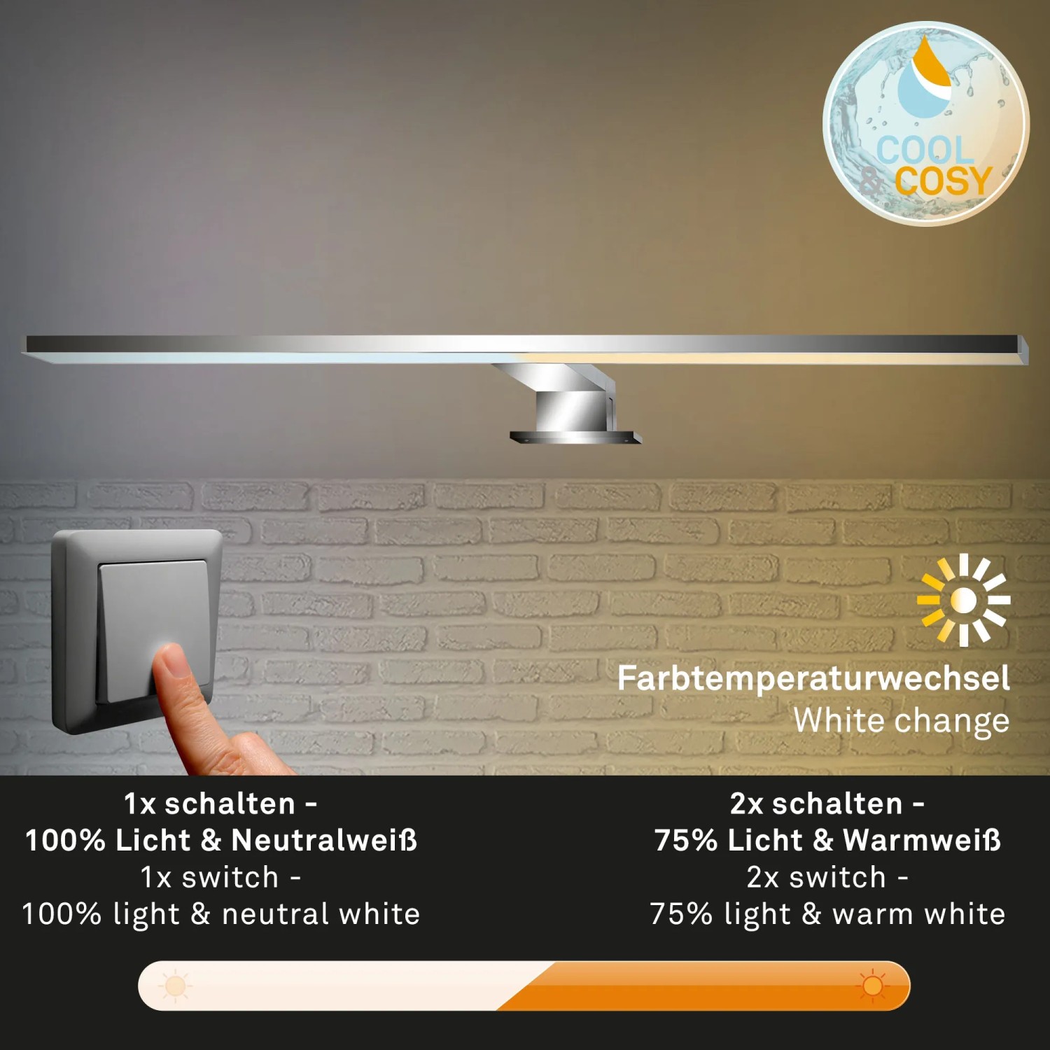 Briloner LED Spiegelleuchte Lago, chrom, mit CCT-Farbwechsel und Dimmfunktion, Montage an Spiegel oder Schrank.