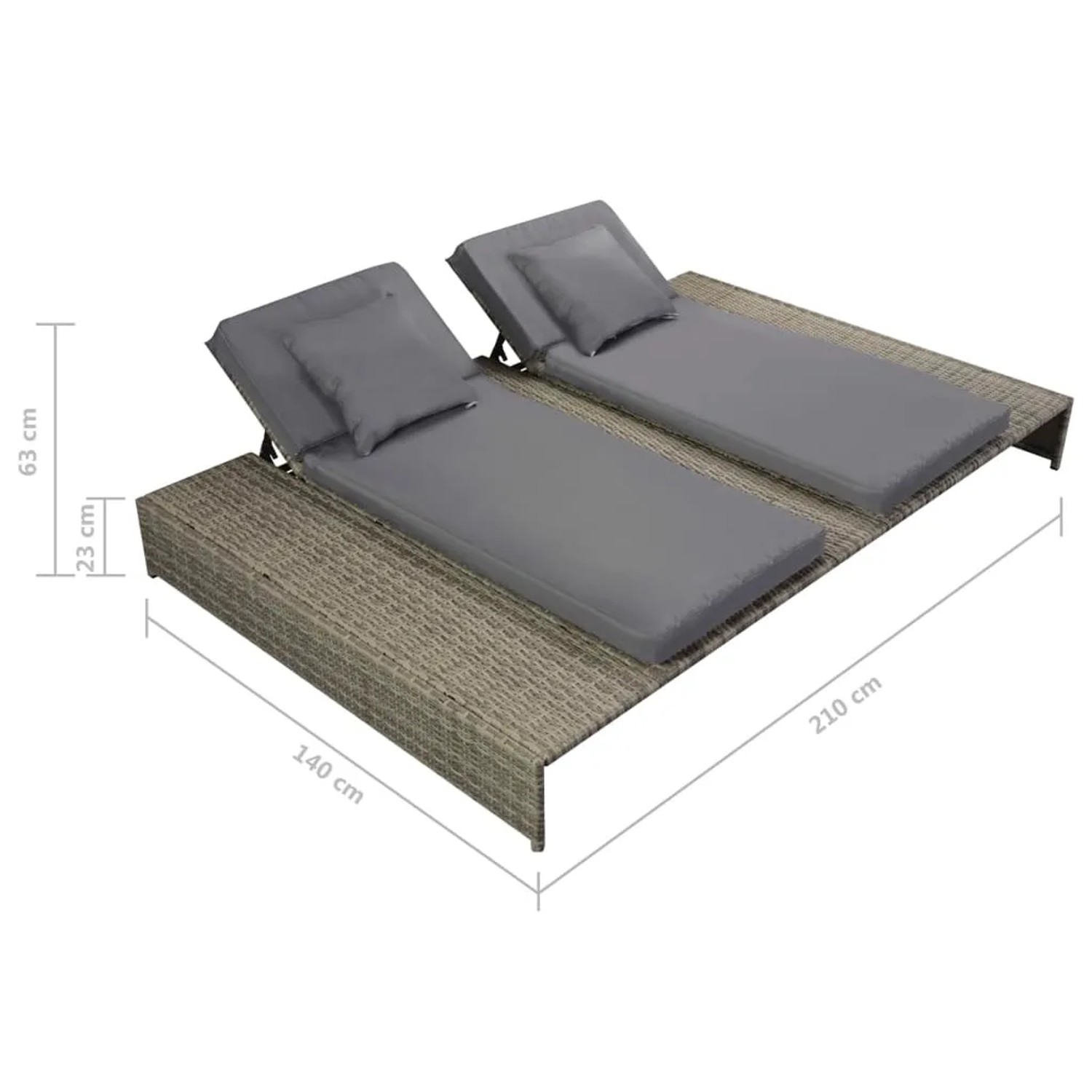 Graues 5-tlg. vidaXL Garten-Lounge-Set mit Auflagen aus Poly Rattan, bestehend aus Sonnenliege, Sofas, Ottomanen und Kissen.
