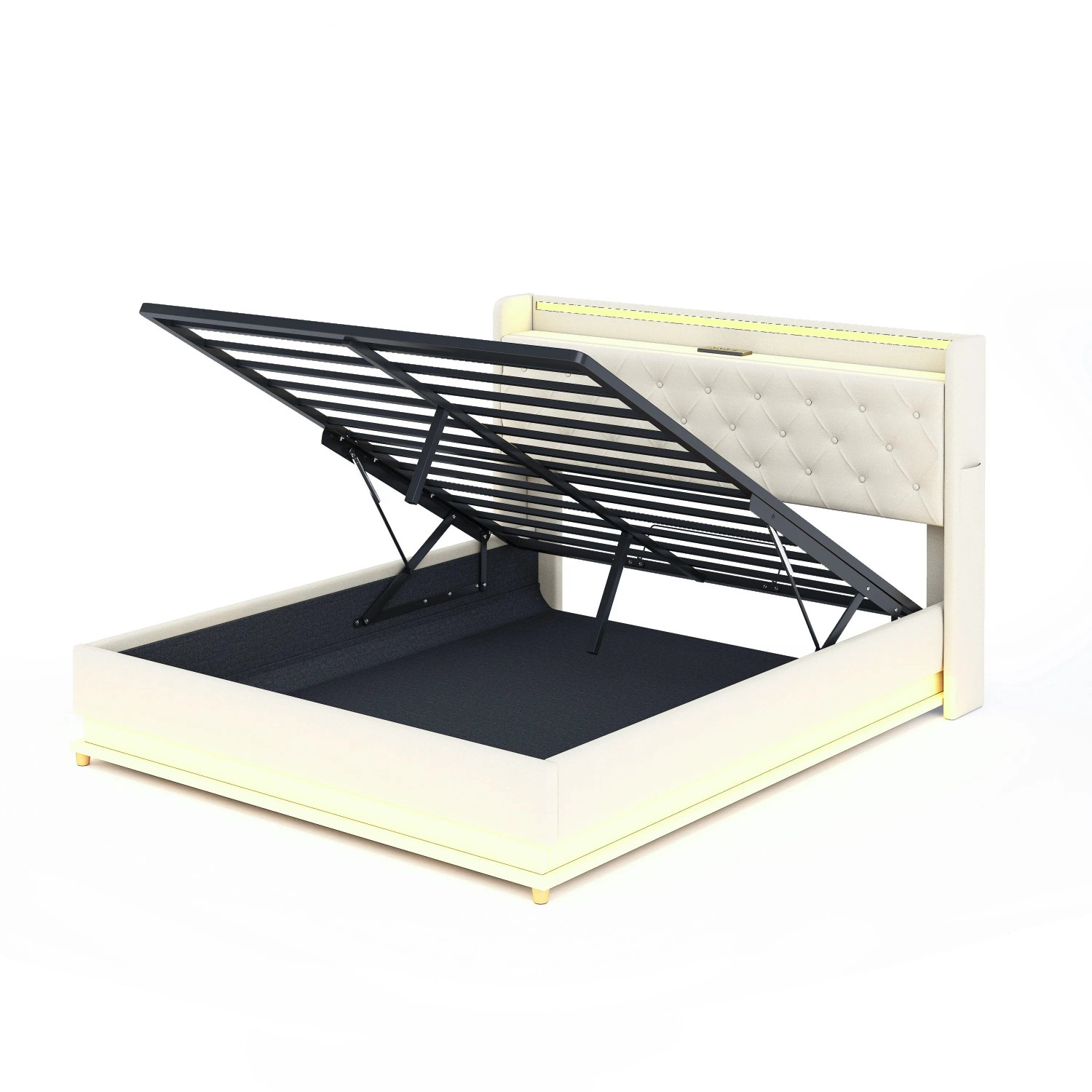 Merax LED Polsterbett 160x200cm USB Hydraulik Leinen Beige