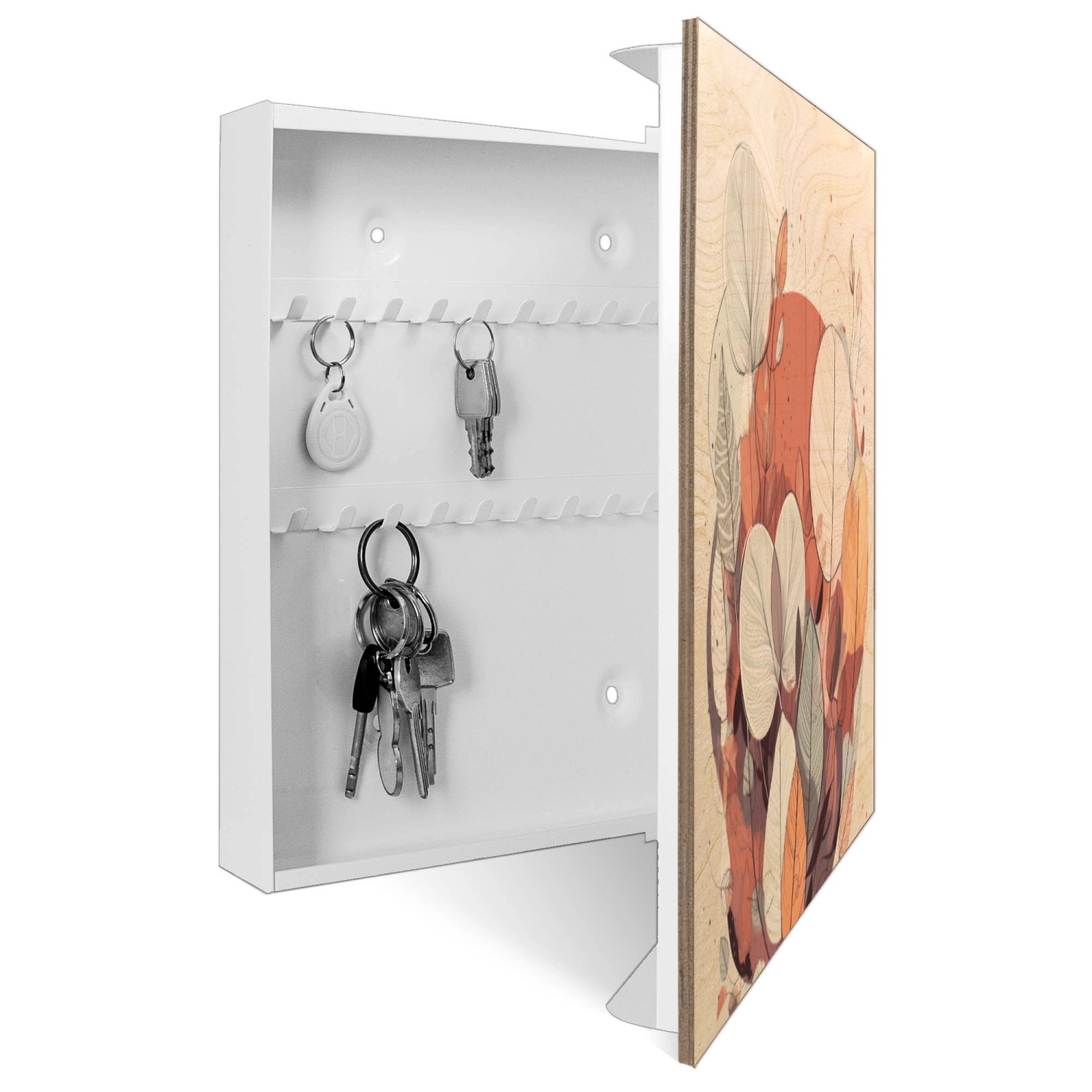 Banjado Schlüsselbox mit Herbstblätter-Motiv, weiße Metallbox mit 50 Haken, Scharnier rechts.