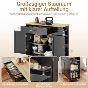 SoBuy Küchenwagen mit 3 Seitenablagen Kücheninsel mit Holzarbeitsplatte Servierwagen Schwarz 99x84,3x40 cm FKW133-SCH