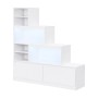 Weißer, gestufter Schuhschrank Lovila mit LED-Beleuchtung, offenen Fächern und Schiebetüren. Modernes Design.