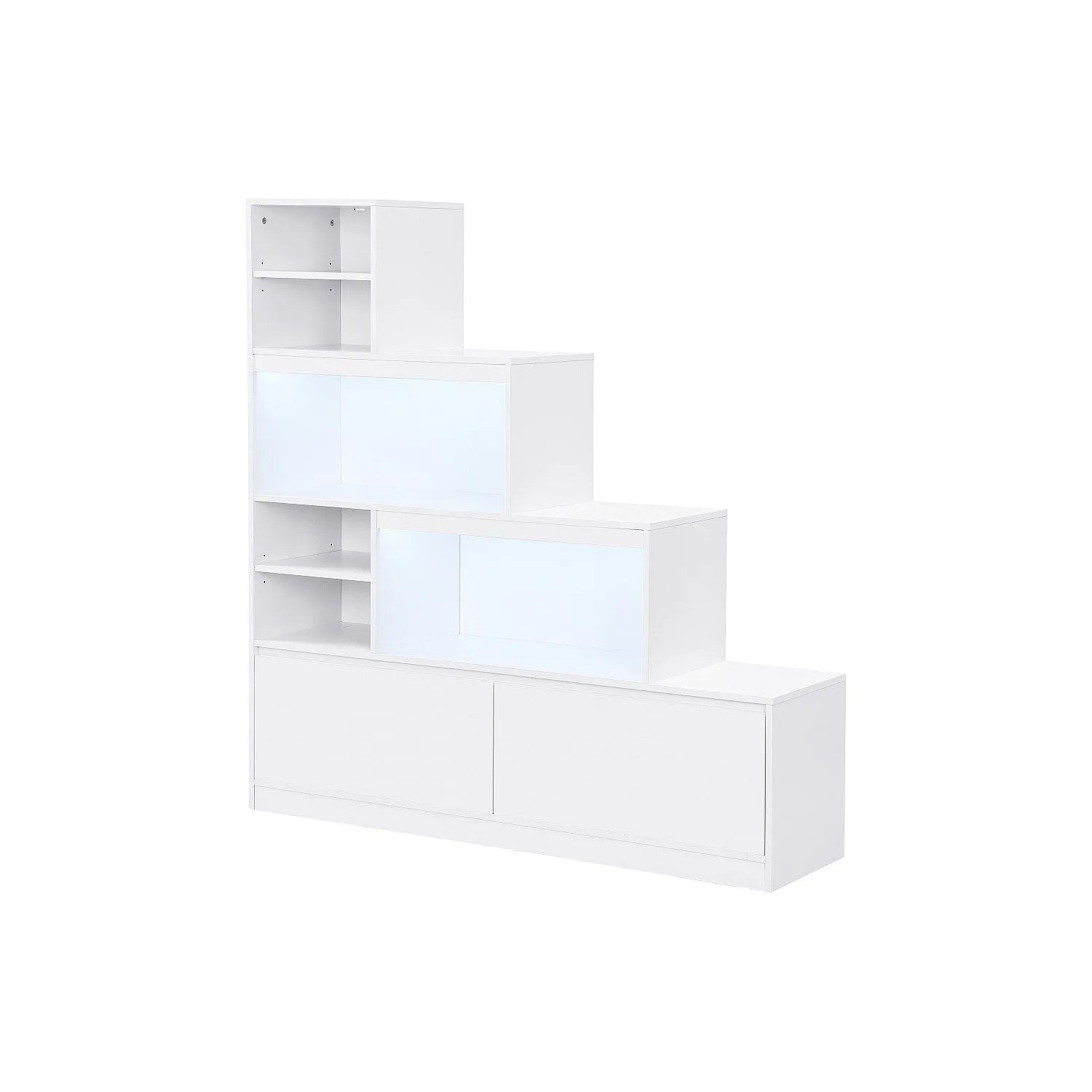Weißer, gestufter Schuhschrank Lovila mit LED-Beleuchtung, offenen Fächern und Schiebetüren. Modernes Design.