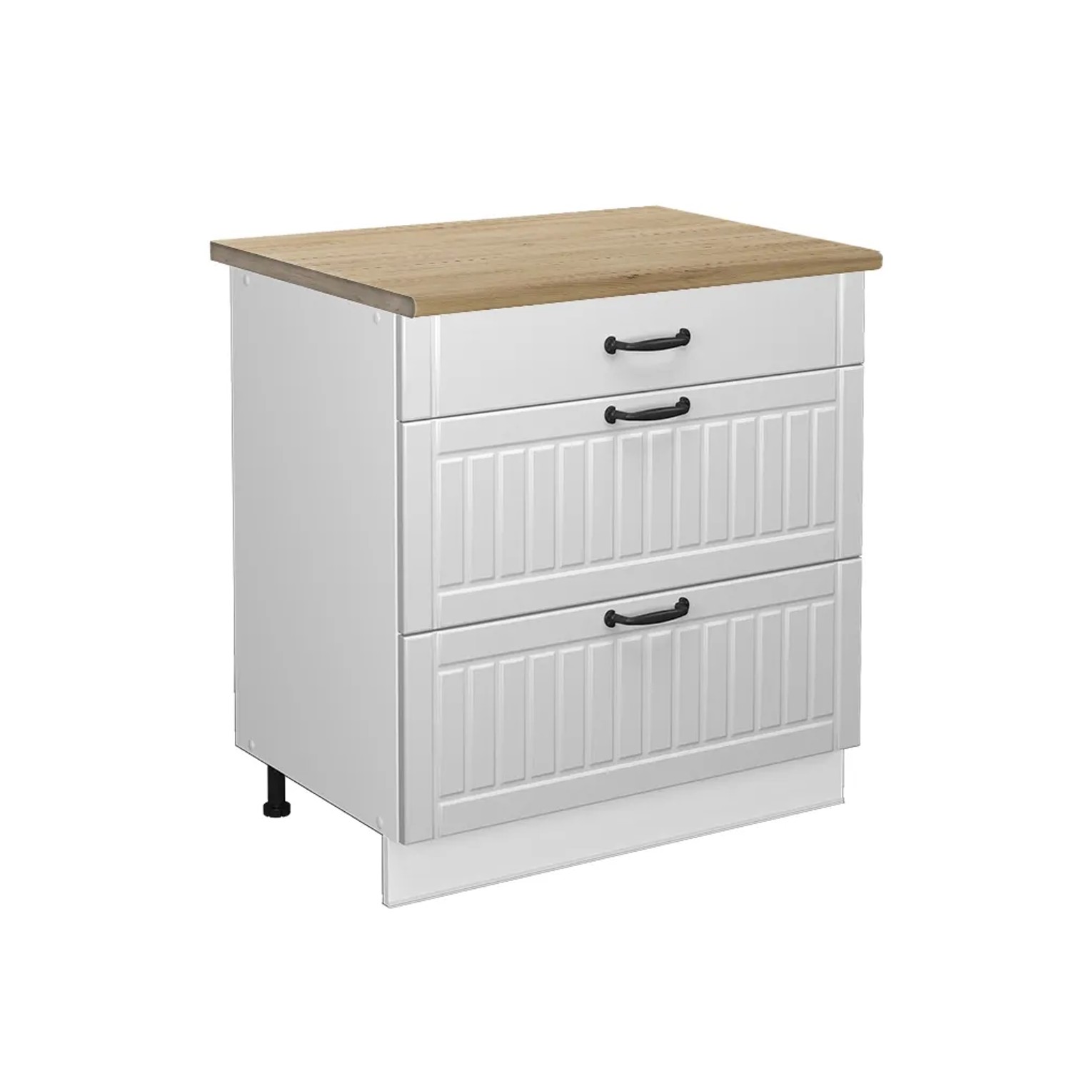 Vicco Küchenunterschrank Fame-Line Weiß Landhaus/Weiß 80 cm mit 3 Schubladen AP Eiche