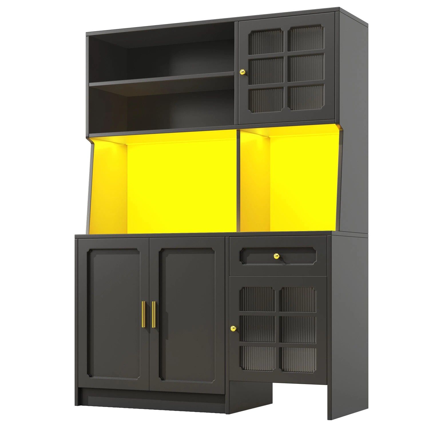 okwish Hochschrank mit Glastüren LED-Beleuchtung Küche 130x45x180cm Schwarz
