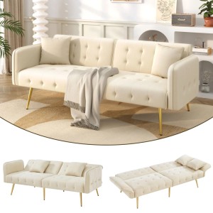 Cremefarbenes Merax Schlafsofa 2 Sitzer mit Veloursbezug und goldenen Beinen, als Sofa und Bett gezeigt.