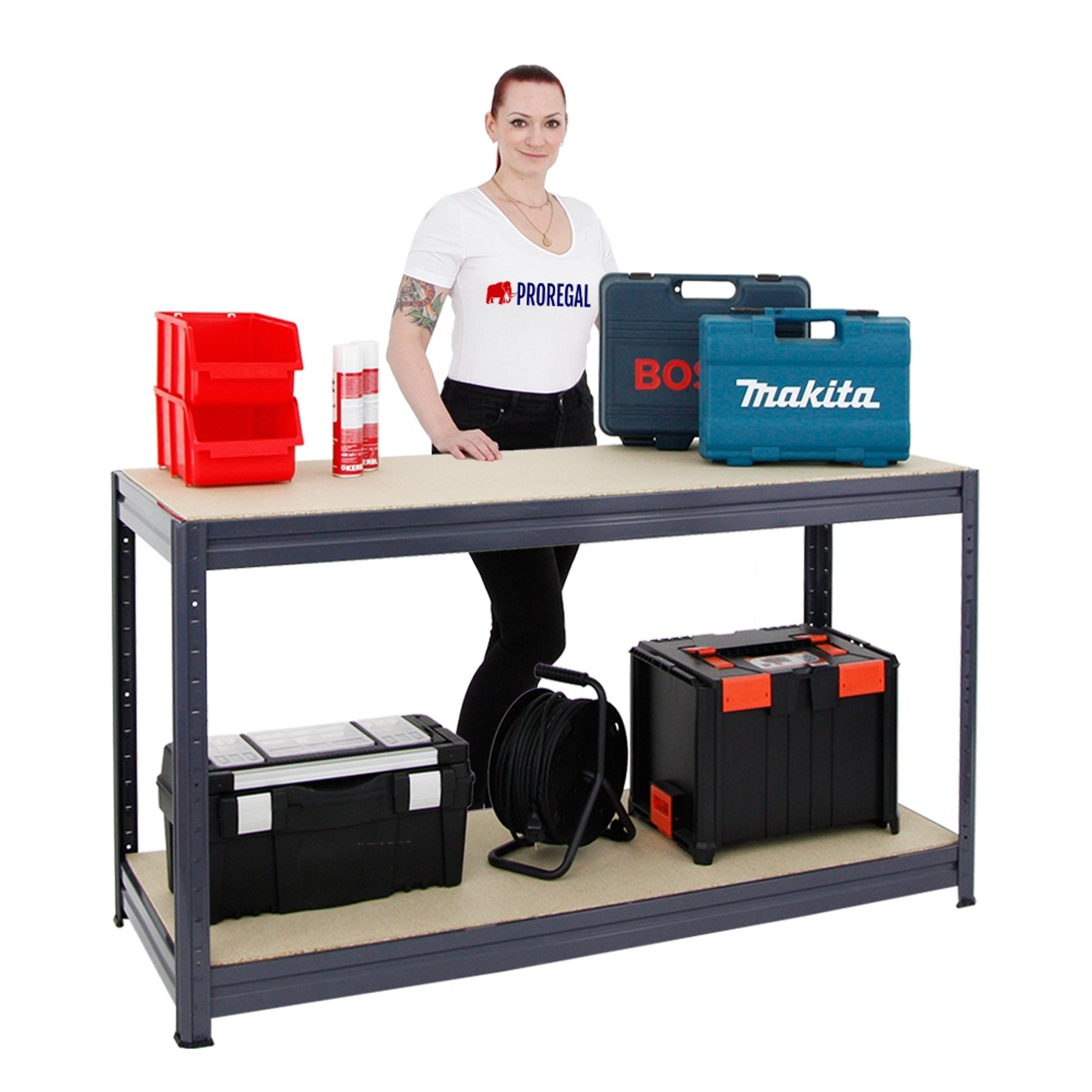 PROREGAL Werkbank Dino, höhenverstellbar, 160x60cm, 600kg Traglast, grau, mit Werkzeugkisten.