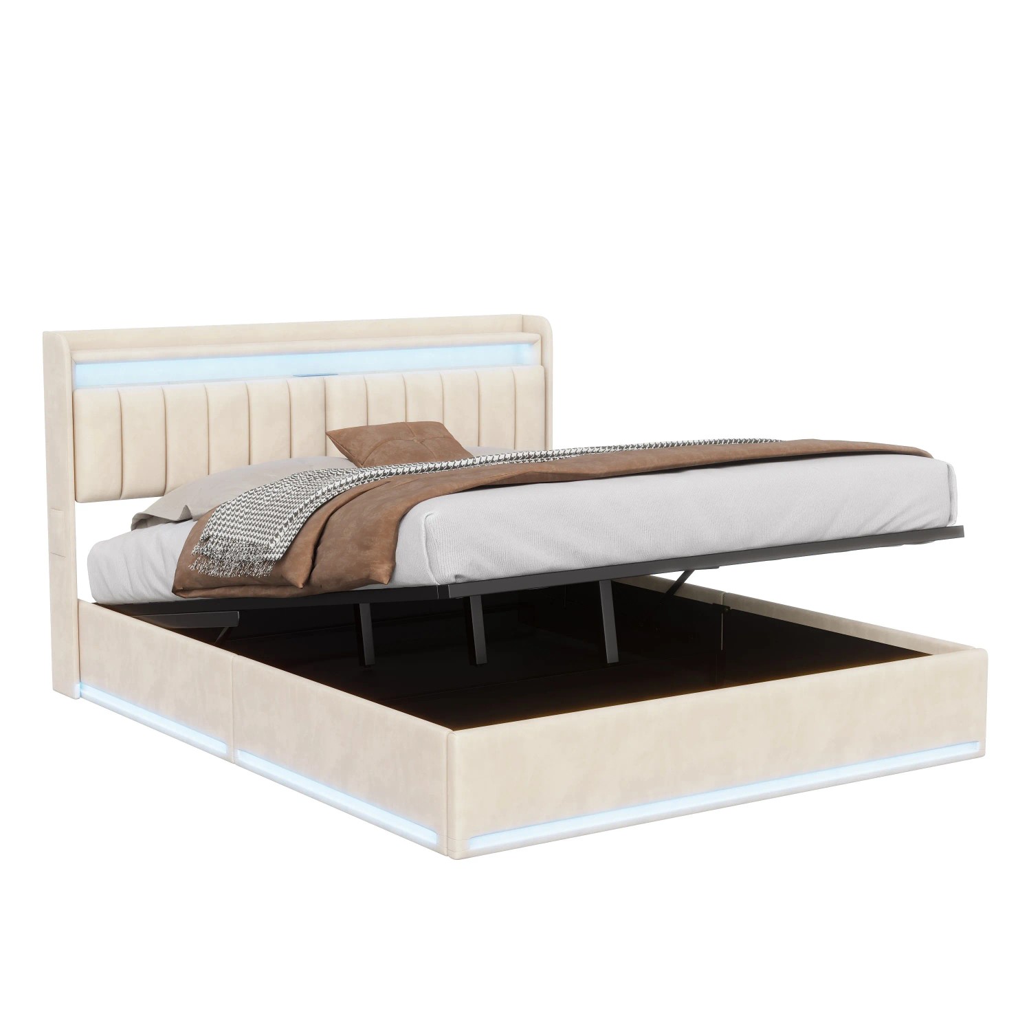 PXloue Bett Beige   160x200cm mit Stauraum für Erwachsene