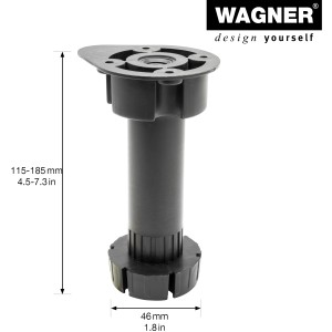 Schwarzer, justierbarer Wagner Sockelverstellfuß, 115-185 mm, 4 Stück, für Möbel.