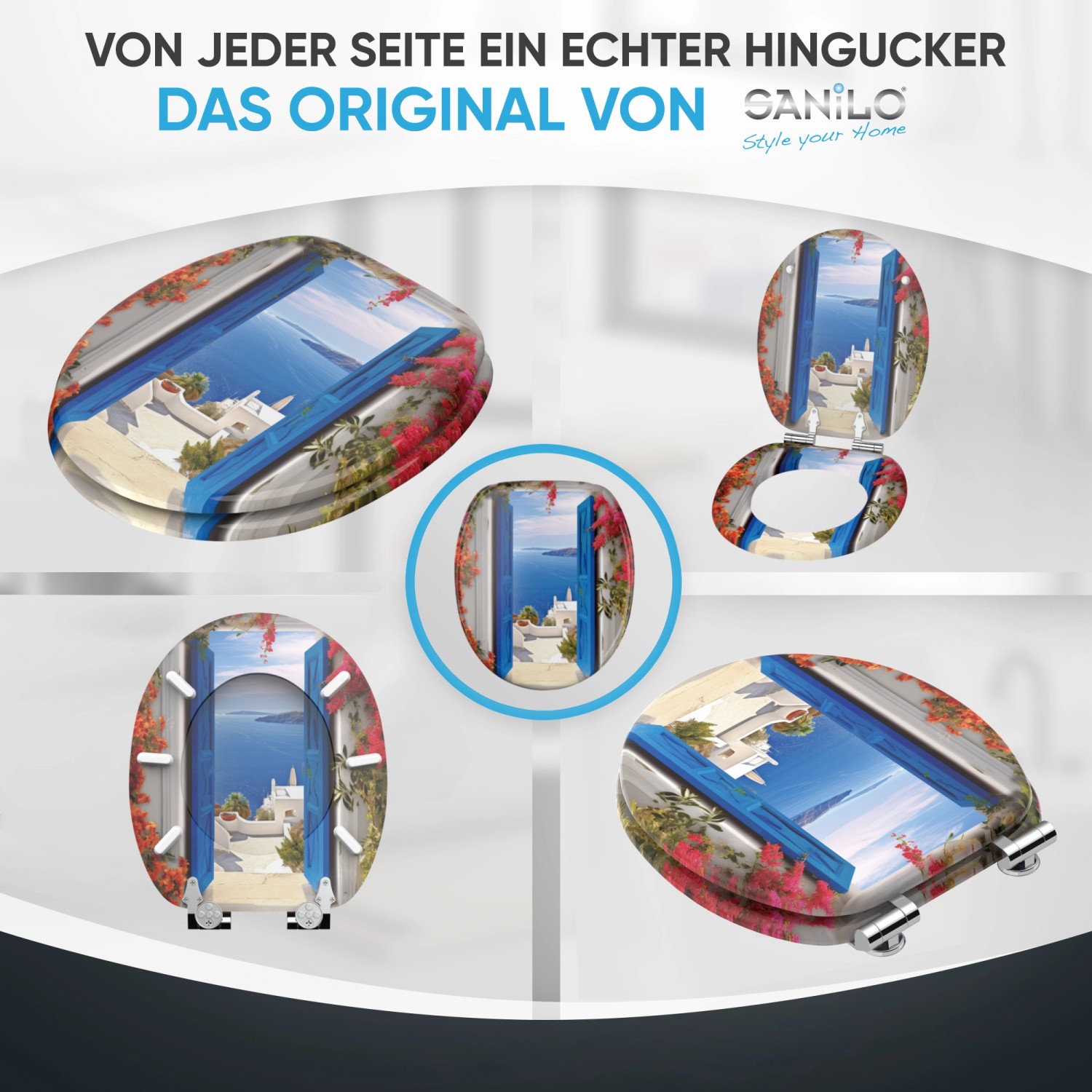 SANILO WC-Sitz Greece mit Absenkautomatik, Holz, Griechenland-Motiv, verschiedene Ansichten.