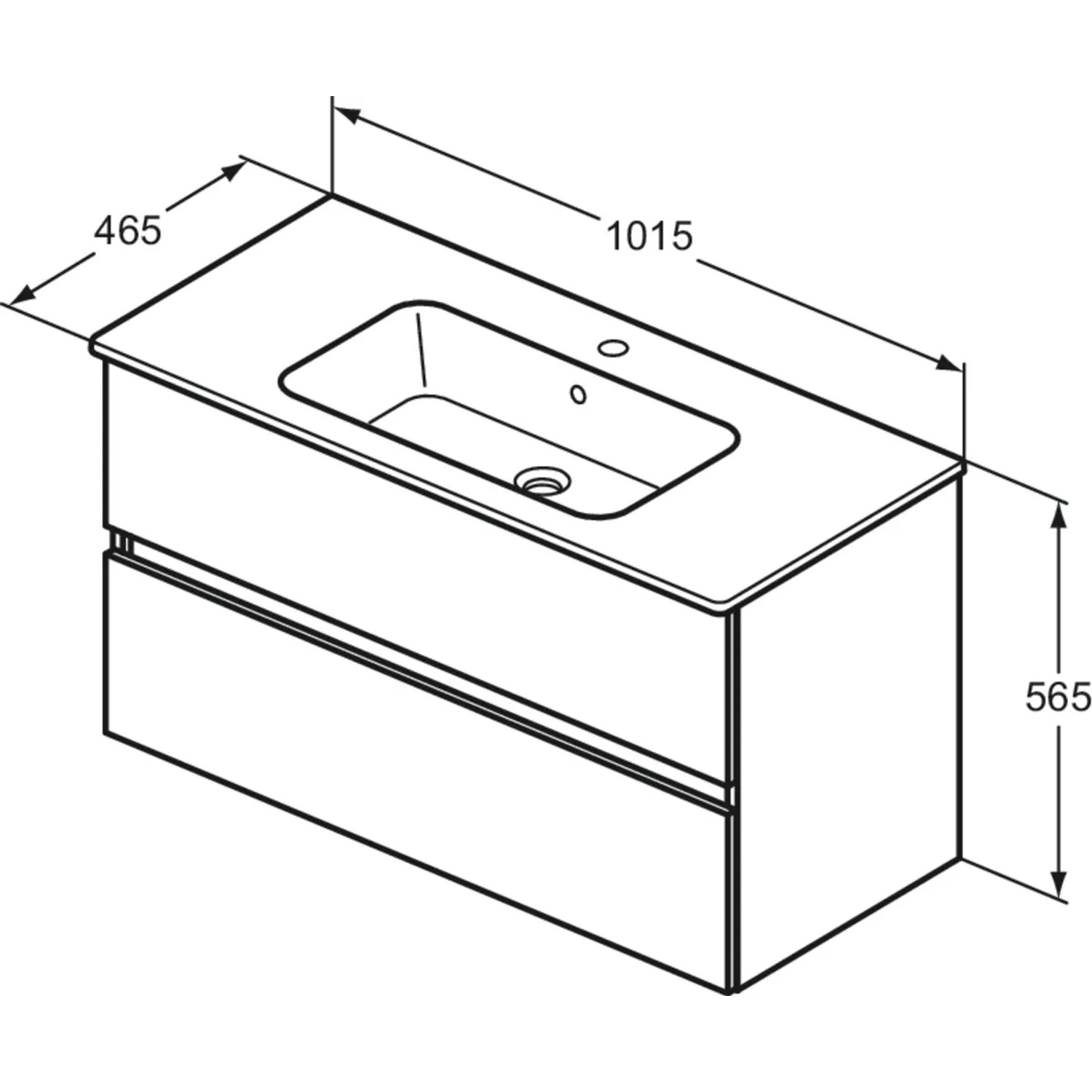 Skizze: Ideal Standard Eurovit+ Badmöbel-Set, Unterschrank mit Waschtisch, 101 cm, Grau, mit Maßen.