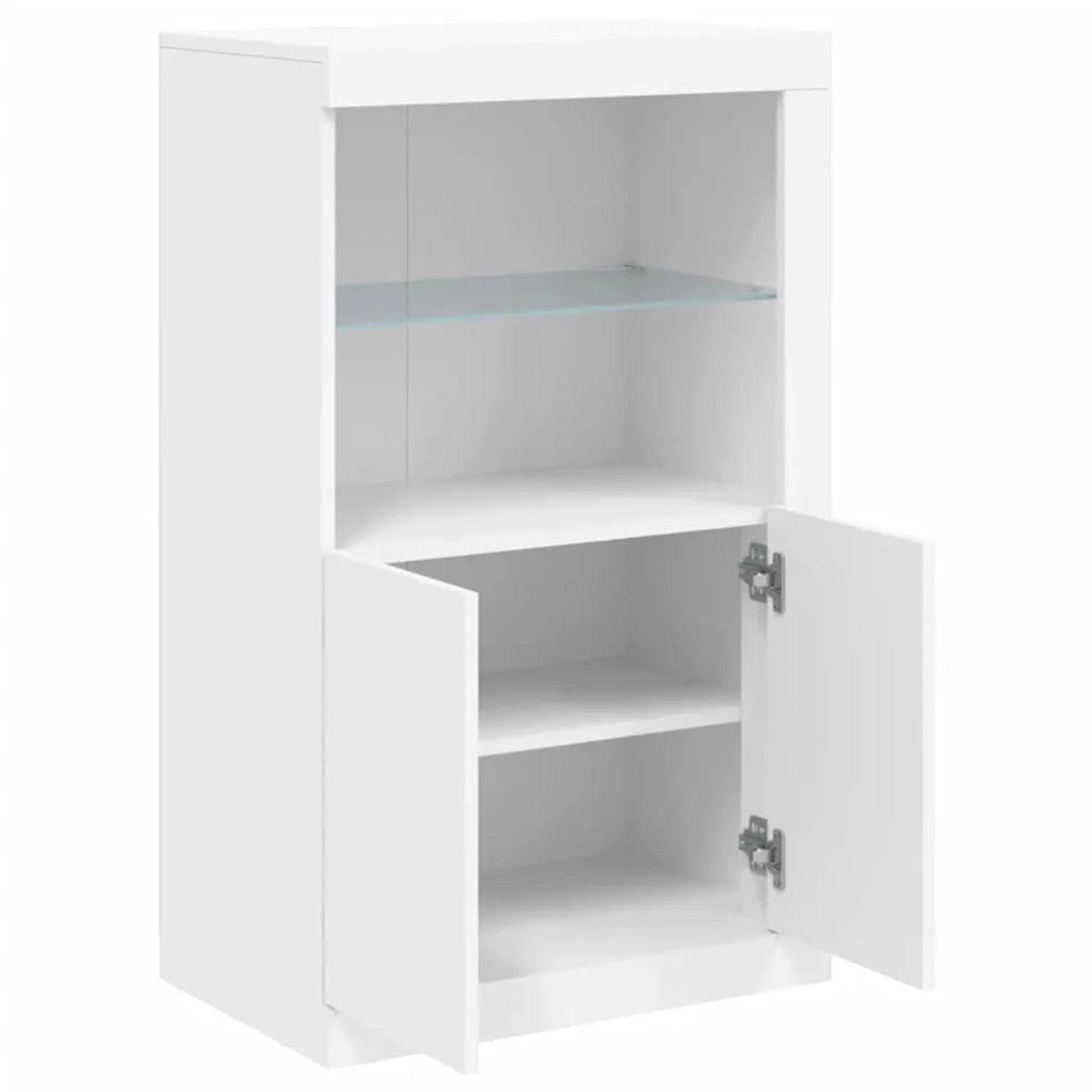 Weißer vidaXL Beistellschrank mit LED, teilweise geöffnet, mit Glasboden. Büroschrank.