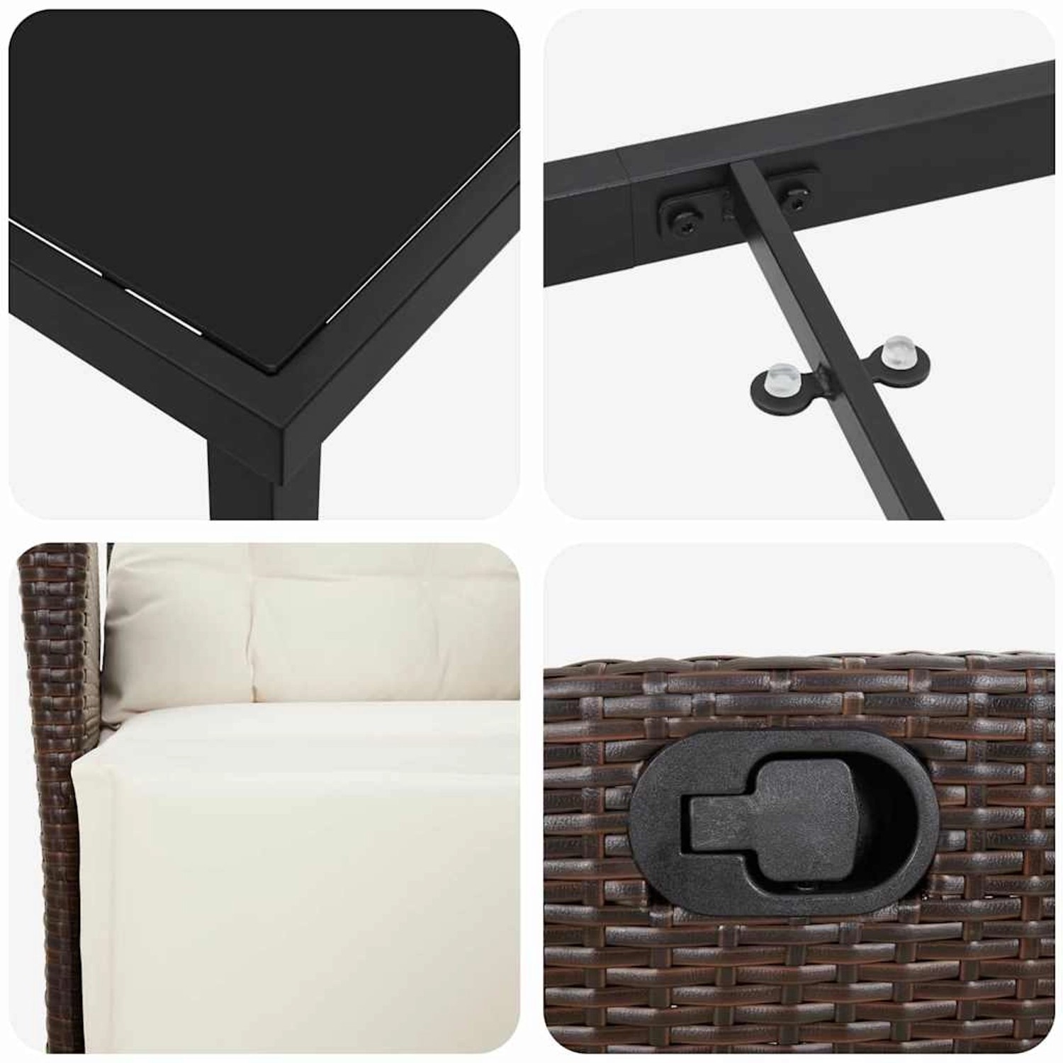 Detailansichten der braunen vidaXL Garten Essgruppe aus Polyrattan, bestehend aus Tisch und Stühlen.