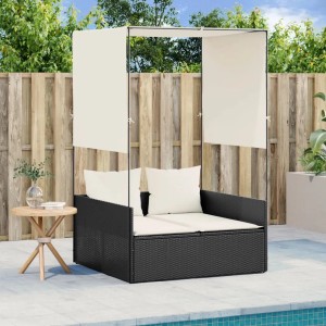 Schwarze Doppel-Sonnenliege aus Rattan mit Dach und Vorhängen für den Garten.