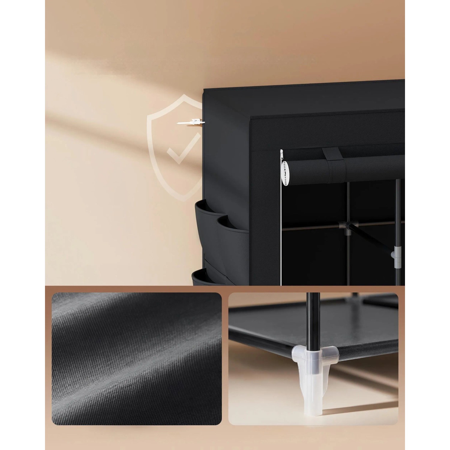 Detailansicht: Schwarzer Songmics Textil-Kleiderschrank mit Seitentaschen und Regalböden.
