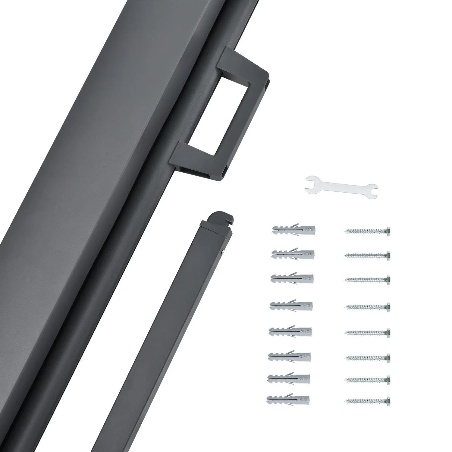 Juskys Seitenmarkise Dubai 500x160cm Beige, Detailansicht mit Montagezubehör.