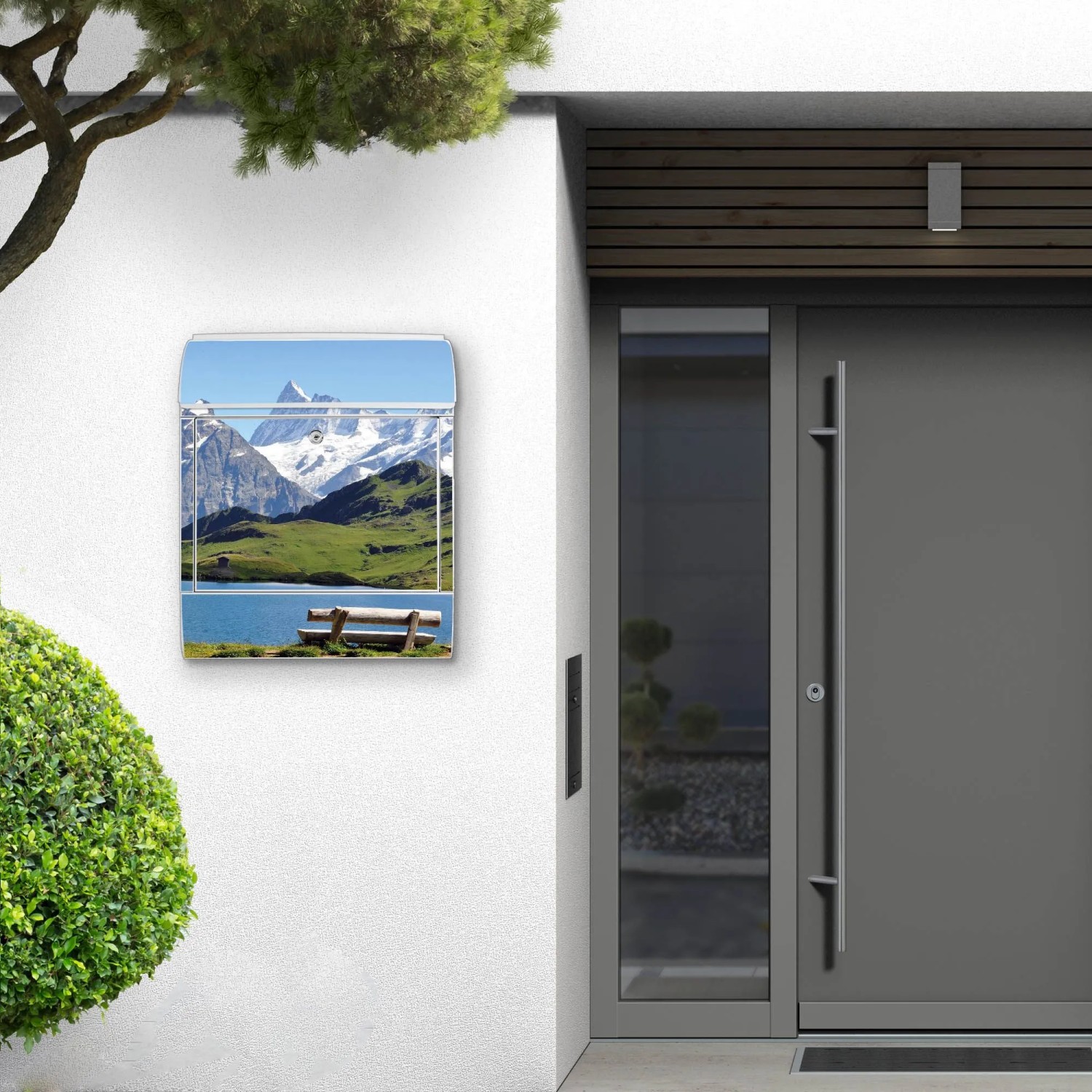 Banjado Design Briefkasten Weiß Pulverbeschichtet 39x47x14cm 2 Schlüssel Mit Zeitungsfach Motiv Alpen_4