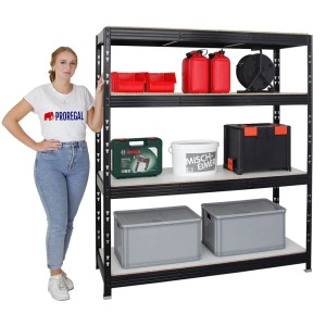 Schwarzes PROREGAL Schwerlastregal mit 4 Melamin-Ebenen, beladen mit Werkzeug und Behältern.