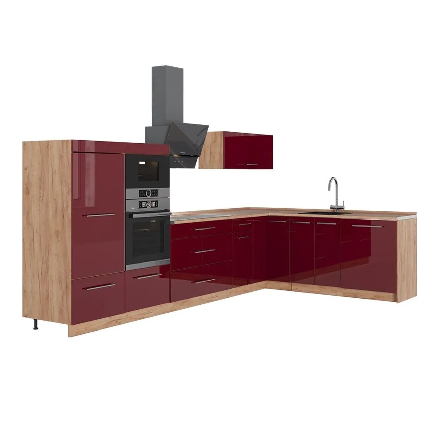 Vicco Eckküche Fame-Line Bordeaux Hochglanz/Goldkraft Eiche 347 x 154 AP Eiche Art Nr 63610