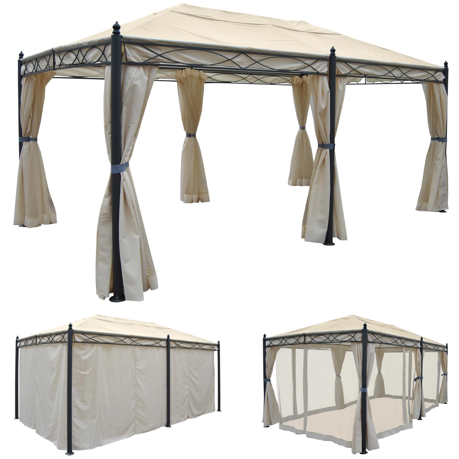 Creme Pergola Calpe 5x3m mit Seitenwand und Moskitonetz für Terrasse.