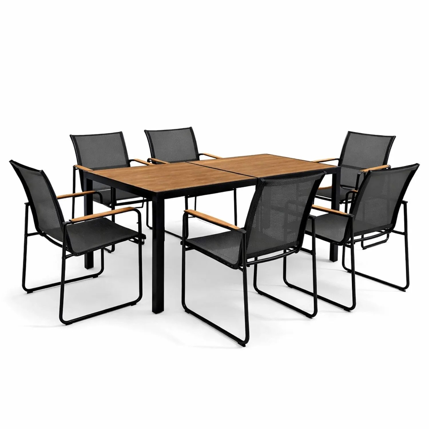 Mojawo 7tlg Outdoormöbel Set Gartenmöbel Gartengarnitur Holzoptik Gartentisch Nonwood 150 x 80cm 6 Sessel Schwarz