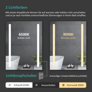Emke LED Badspiegel 60x80 mit Kaltweiß und Warmweiß Beleuchtung im Badezimmer.