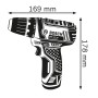 Skizze des Bosch Professional GSR 12V-15 Akku-Bohrschraubers mit Maßangaben.