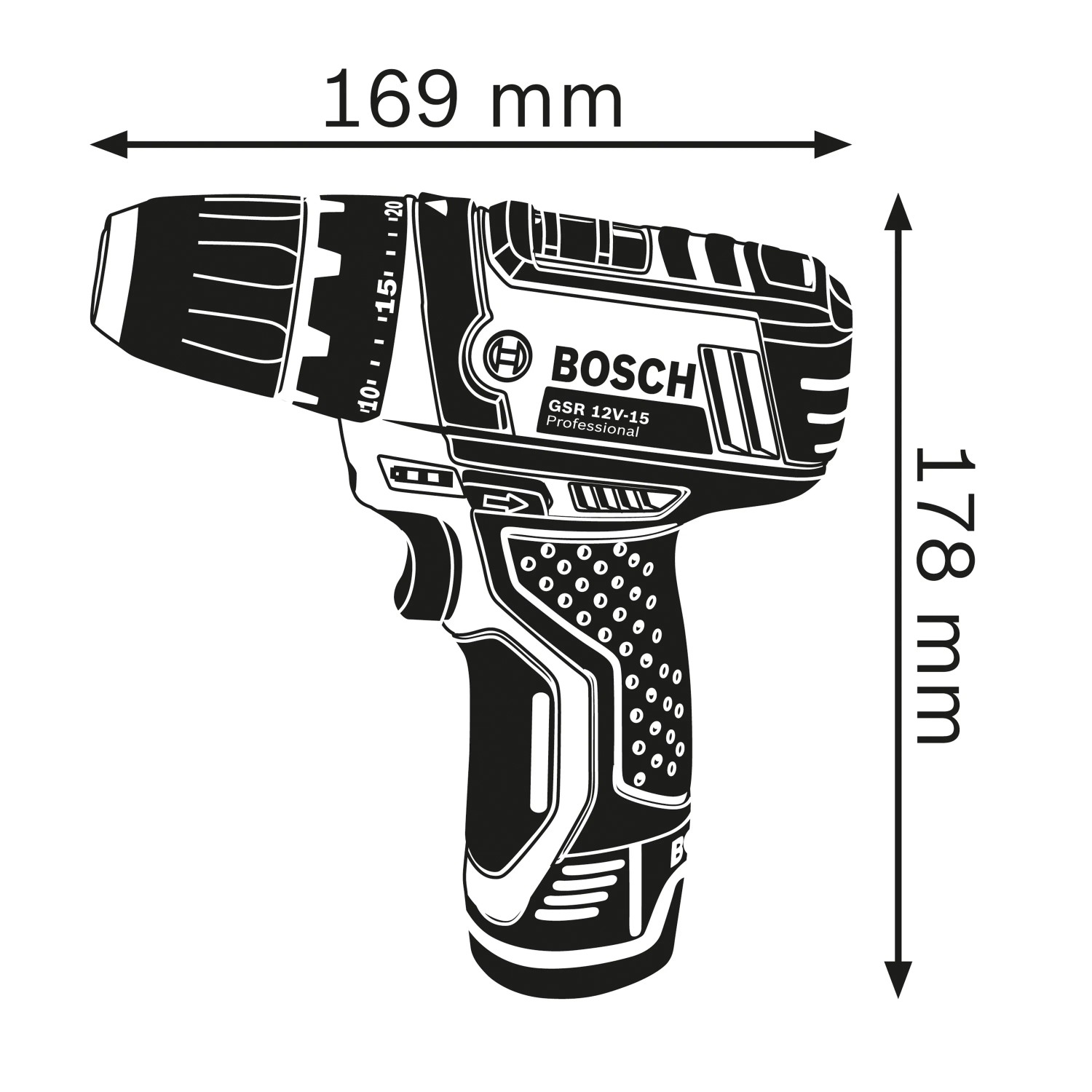 Skizze des Bosch Professional GSR 12V-15 Akku-Bohrschraubers mit Maßangaben.