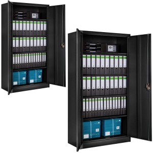 Tectake Aktenschrank 2er Set, schwarz, mit geöffneten Flügeltüren und Aktenordnern.