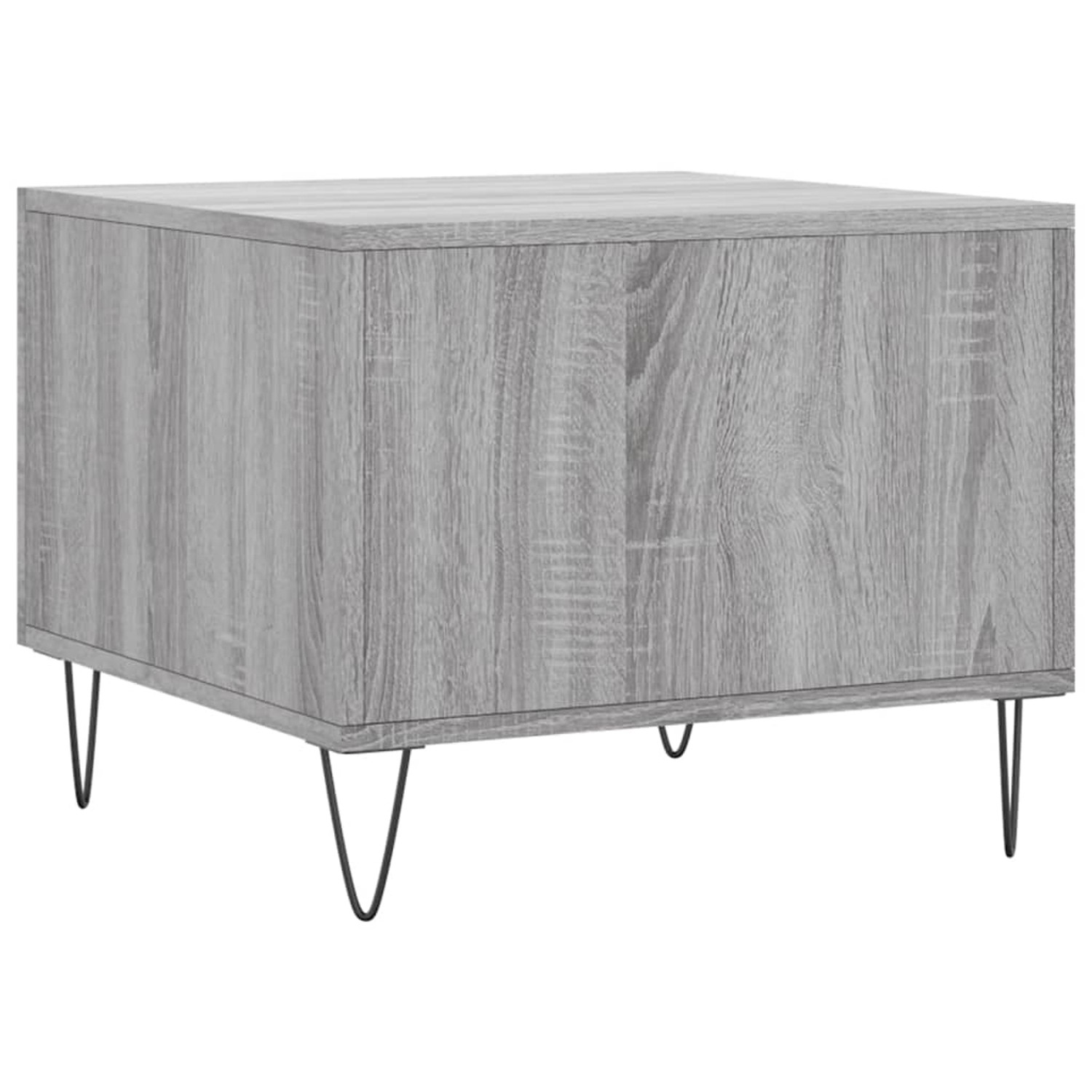 Set aus zwei grauen Couchtischen (50x50x40 cm) im Sonoma-Stil mit Schublade und Metallbeinen.