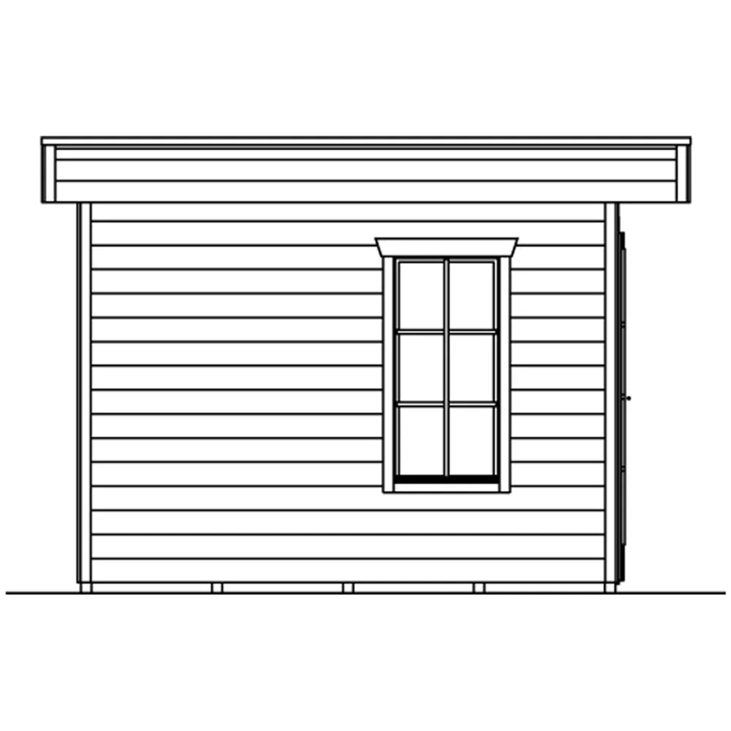 Illustration: Skan Holz Gartenhaus Breda, schiefergrau, mit Fenster und Tür. Holz-Gartenhaus im modernen Design.