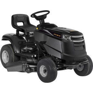 Schwarzer Alpina Rasentraktor AT3 98 HA mit Seitenauswurf und Hydrostatikgetriebe.