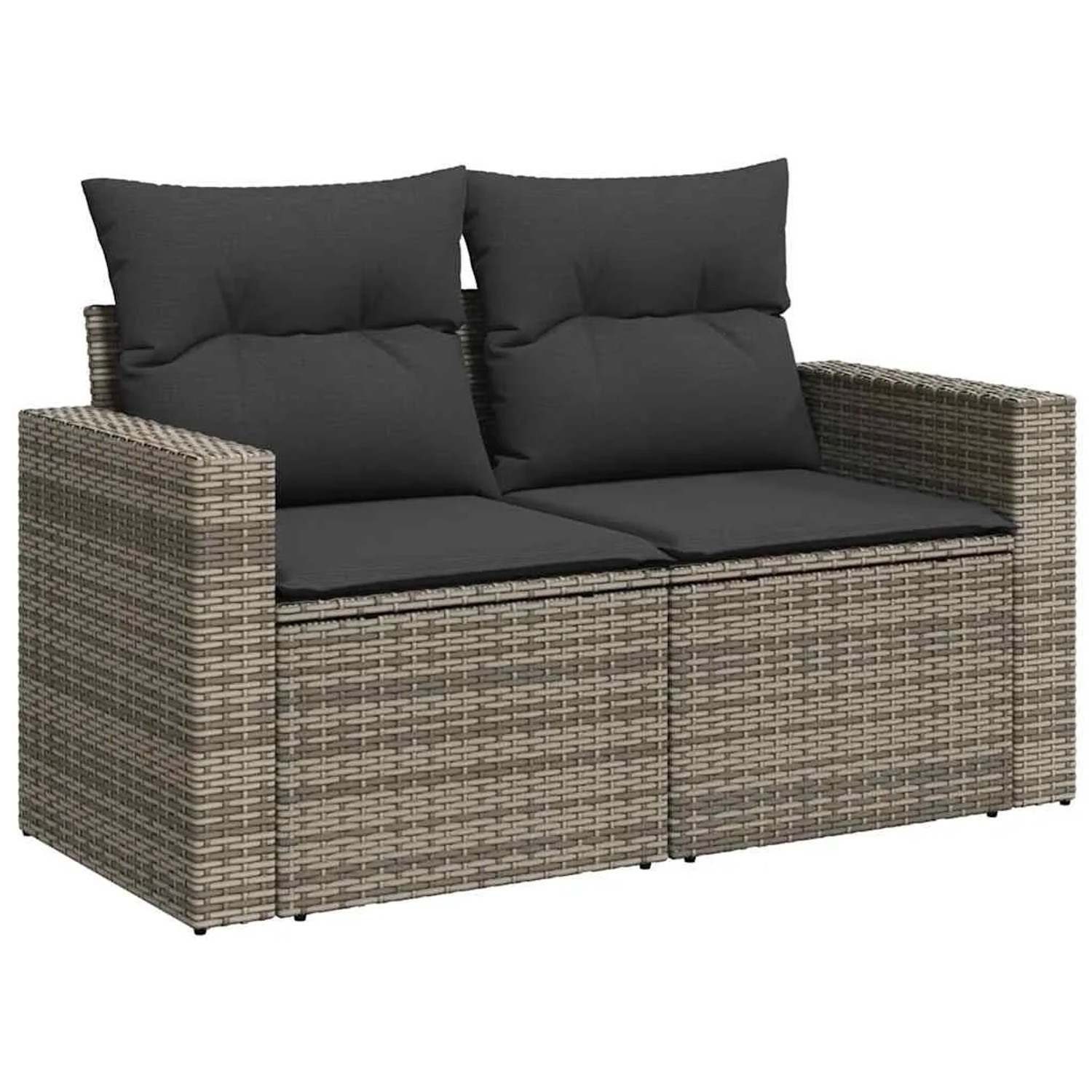 Graue 6-tlg. vidaXL Garten-Sofagarnitur aus Polyrattan mit dunklen Kissen.