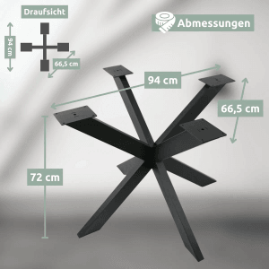 Schwarzes holz4home Hora Spider Round Tischgestell aus Metall mit Maßangaben für Esstische.