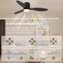 Schwarzer Deckenventilator mit LED-Beleuchtung und Fernbedienung, 115 cm Durchmesser.