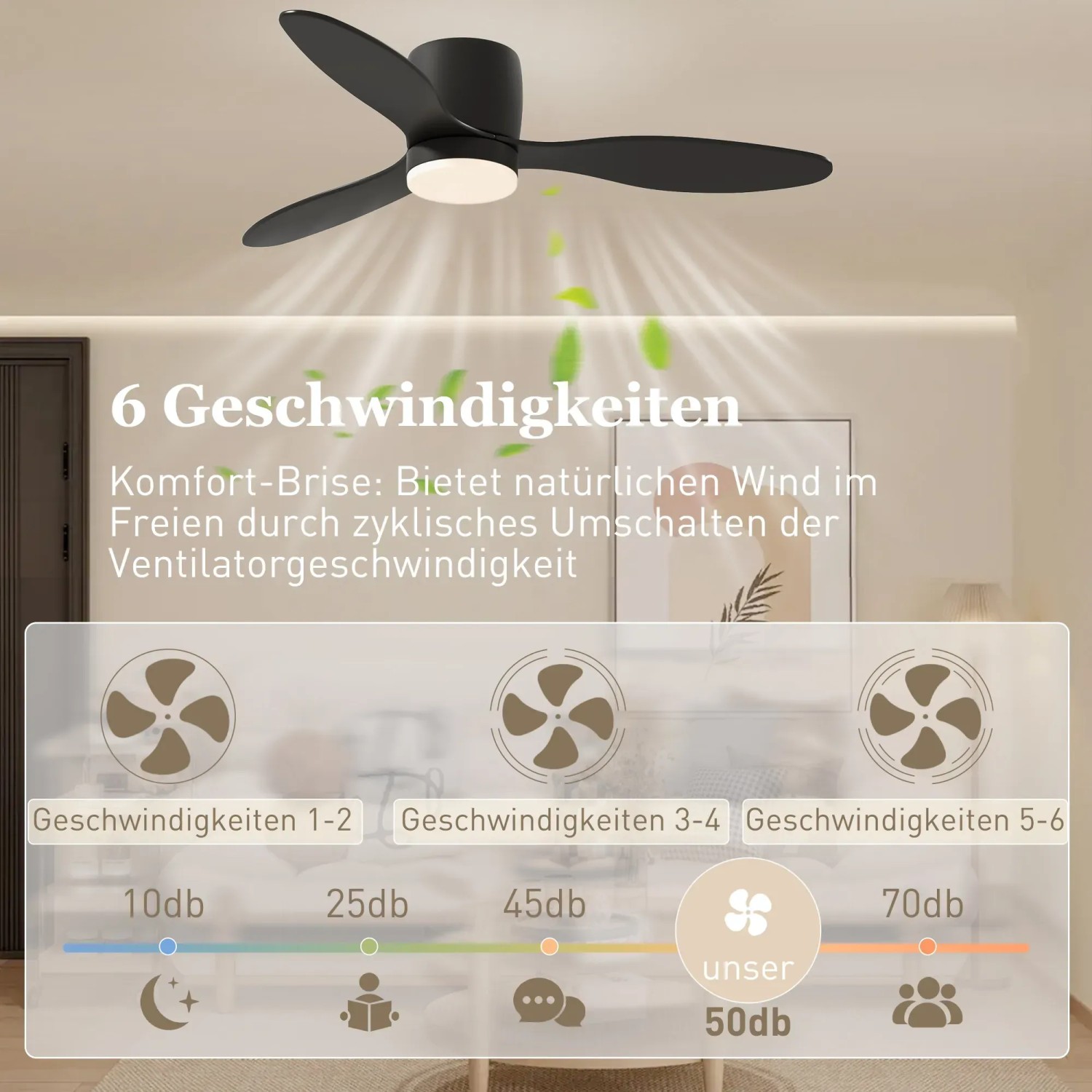 Schwarzer Deckenventilator mit LED-Beleuchtung und Fernbedienung, 115 cm Durchmesser.