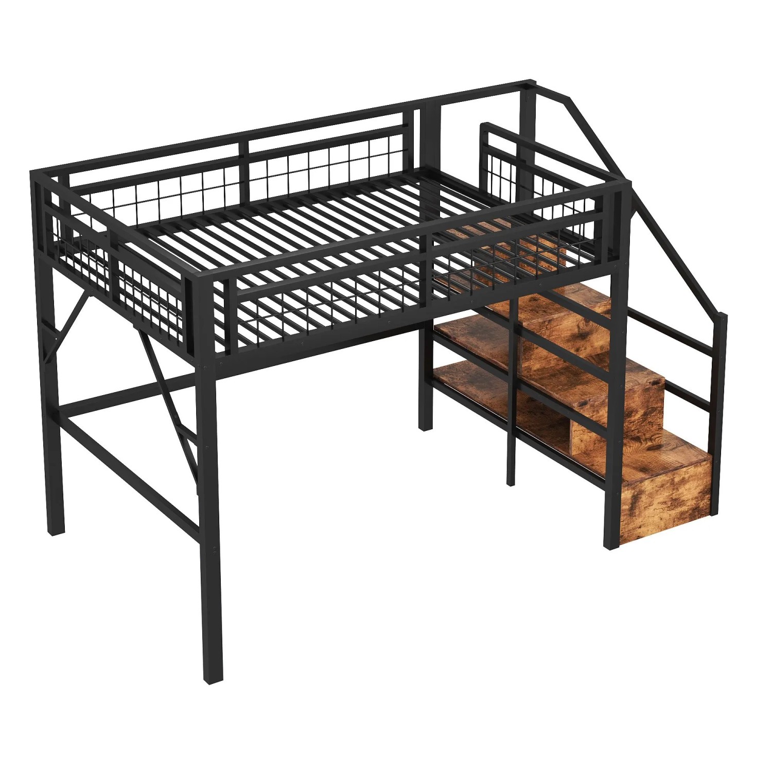 okwish Metall Hochbett 140x200cm mit LED Licht und Stauraumtreppe Schwarz ohne Matratze