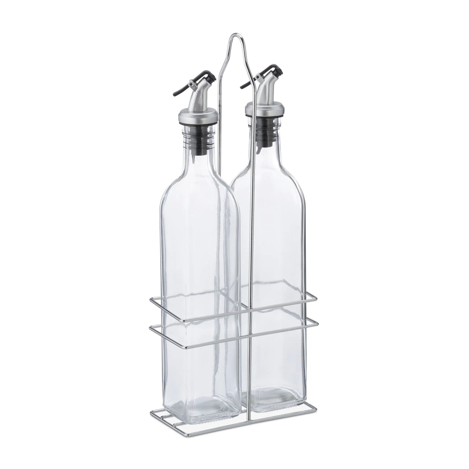 Relaxdays Essig und Ölspender im Gestell Glas Eisen Transparent Silber Tropffrei 34 cm x 13,5 cm x 7,5 cm 950 g