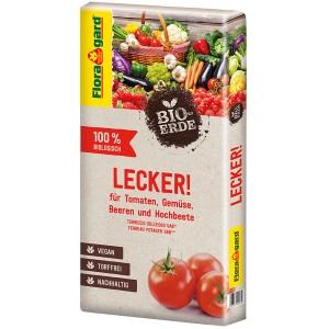 Floragard Bio-Tomaten- und Gemüseerde Lecker, 40 l Sack mit Gemüseabbildung.