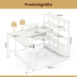 Costway Schreibtisch L-Form mit Ladestation & Bücherregal Weiß