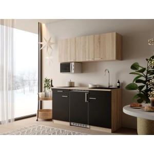 Schwarze Respekta Ingrid Singleküche 150 cm mit Eiche-Dekor, Mikrowelle, Kühlschrank, Kochfeld und Spüle.