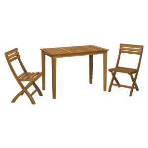 3-teiliges Balkonmöbel-Set Grenora aus FSC-Holz in Natur: Tisch und zwei Stühle.