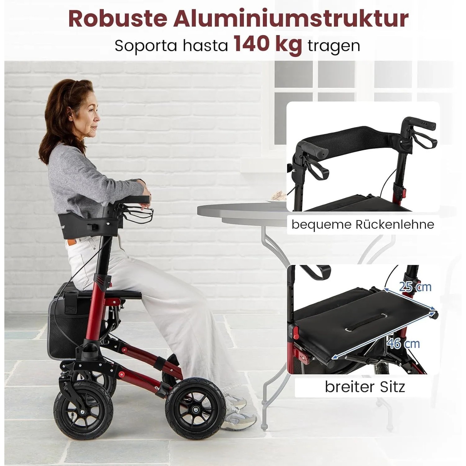 Costway Rollator mit Luftreifen, rot, faltbar und höhenverstellbar. Frau sitzt auf dem Rollator.