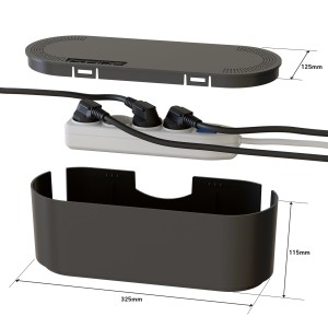 Schwarze D-Line Kabelbox für 4er Steckdosenleiste, zur Kabelordnung und zum Verstecken von Steckdosenleisten.