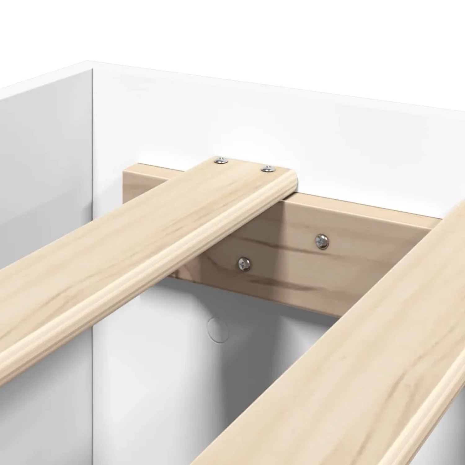 Weißes vidaXL Bettgestell aus Holzwerkstoff, Detailansicht der stabilen Sperrholzlatten für Matratzenunterstützung.